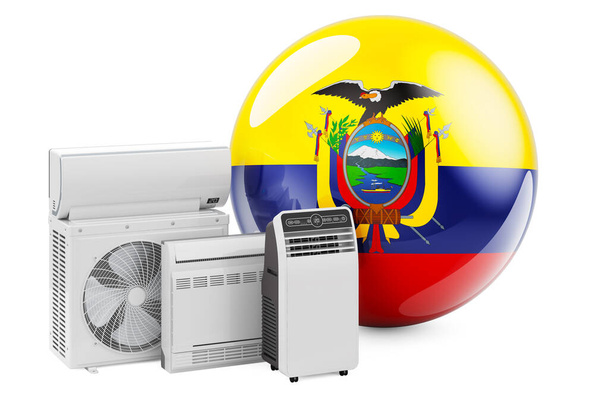 Ecuadori zászló hűtő és klíma elektromos eszközökkel. Légkondicionáló berendezések gyártása, kereskedelme és szervizelése Ecuadorban, 3D-s renderelés fehér alapon - Fotó, kép