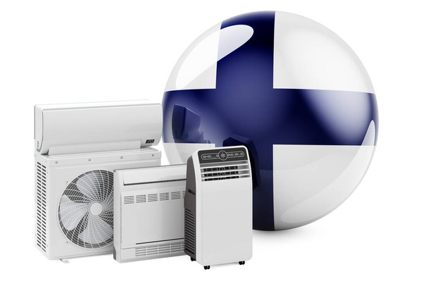 Bandera finlandesa con refrigeración y dispositivos eléctricos climáticos. Fabricación, comercio y servicio de acondicionadores de aire en Finlandia, renderizado 3D aislado sobre fondo blanco - Foto, imagen