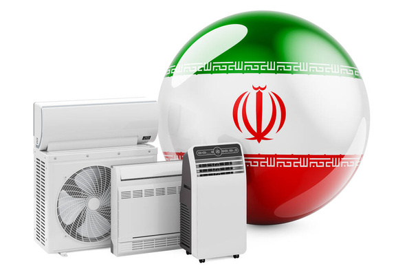 Bandiera iraniana con dispositivi elettrici di raffreddamento e clima. Produzione, commercio e servizio di condizionatori d'aria in Iran, rendering 3D isolato su sfondo bianco - Foto, immagini