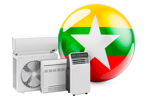 Myanmar flag with cooling and climate electric devices. Manufacturing, trading and service of air conditioners in Myanmar, 3D rendering isolated on white background - Photo, Image
