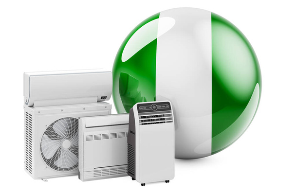 Nigerian flag with cooling and climate electric devices. Manufacturing, trading and service of air conditioners in Nigeria, 3D rendering isolated on white background - Photo, Image