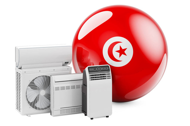 Tunisian flag with cooling and climate electric devices. Manufacturing, trading and service of air conditioners in Tunisia, 3D rendering isolated on white background - Photo, Image