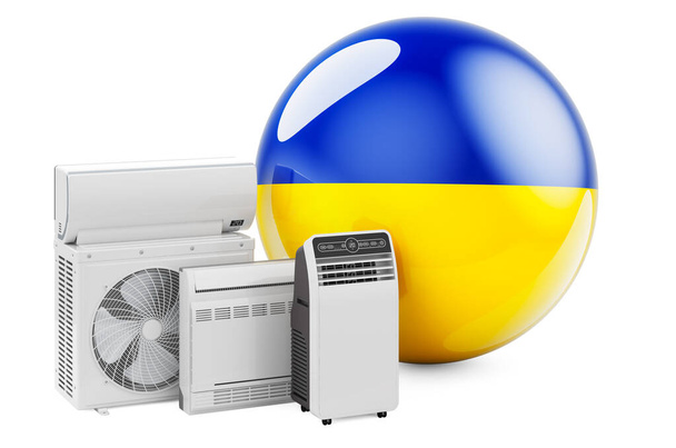 Ukrainian flag with cooling and climate electric devices. Manufacturing, trading and service of air conditioners in Ukraine, 3D rendering isolated on white background - Photo, Image