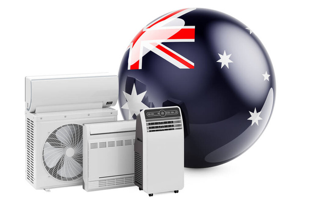 Σημαία Αυστραλίας με ψύξη και το κλίμα ηλεκτρικές συσκευές. Παραγωγή, εμπορία και εξυπηρέτηση κλιματιστικών στην Αυστραλία, 3D αποτύπωση απομονωμένων σε λευκό φόντο - Φωτογραφία, εικόνα