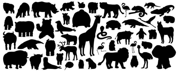 Набор силуэт мультфильма изолированные саванны афроамериканских лесных животных. Векторный тигровый лев носорог буйвол зебра слон жираф крокодиловый медведь бегемот орангутан пингвин фламинго - Вектор,изображение