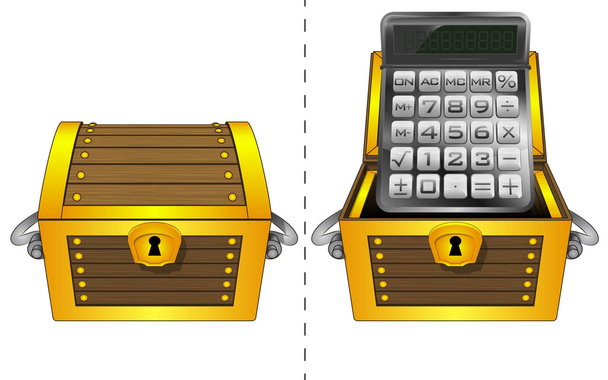 calculator in open wooden chest and closed one isolated vector - Vector, Image