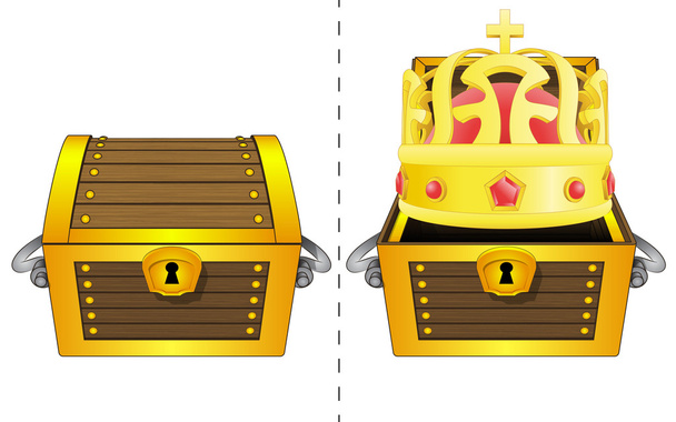 royal crown in open wooden chest and closed one isolated vector - Vector, Image