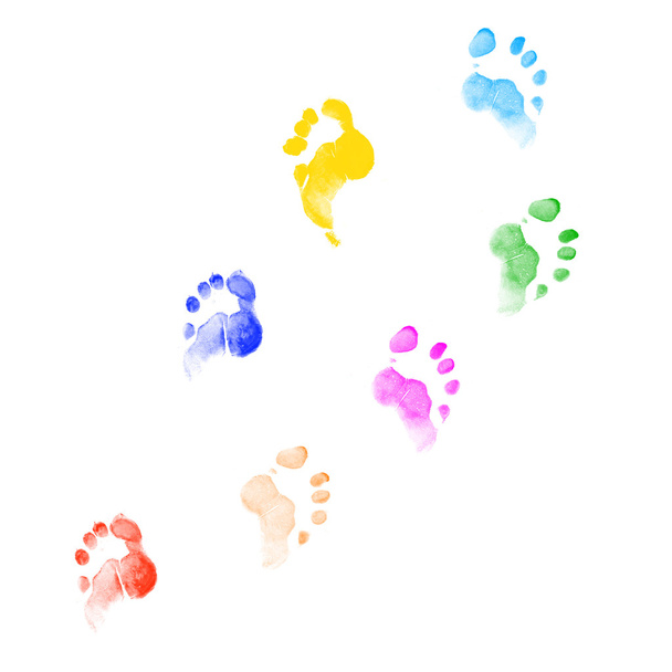 Footprints of different colors on a white background in different positions. - Valokuva, kuva