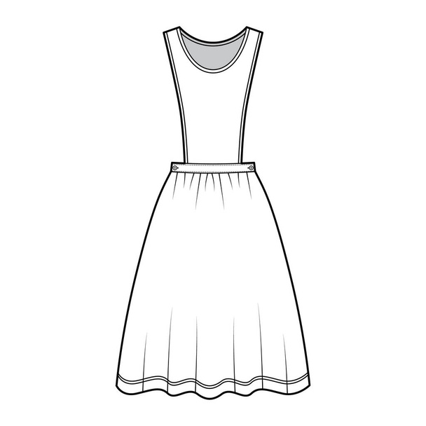 Сукня перед фартухом технічна модна ілюстрація з без рукавів, повна спідниця довжини коліна. Плоский одяг спереду
 - Вектор, зображення