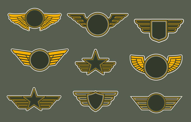 Army patches with wings, heraldic icons, vector winged insignia or emblems. Air force of round, shield and star shapes isolated on khaki colored background. Retro badges for officers or soldiers - Vector, Image