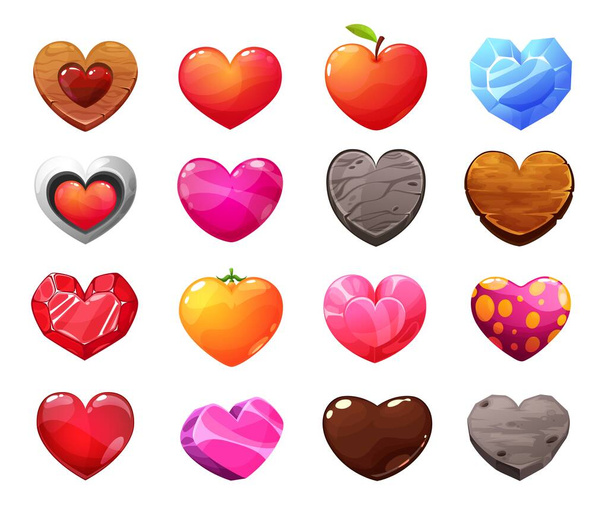 Иконы мультяшных сердец. Деревянные, яблочные и апельсиновые фрукты, драгоценный камень, хрусталь, стекло и бетон, камень, шоколад и конфеты, металл, кора сердца векторный набор. Game ui, gui элементы дизайна пользовательского интерфейса - Вектор,изображение