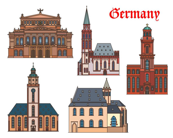 ドイツ、フランクフルトの建築、建物やベクトル旅行ランドマーク。聖カトリーヌ、聖パウロ、レオンハルト教会、アルテ・オーパーコンサートホール、フランクフルトのニコライ教会、ドイツ建築 - ベクター画像
