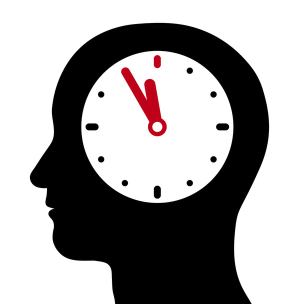 Head with an internal clock at five-to-twelve - Vector, Image