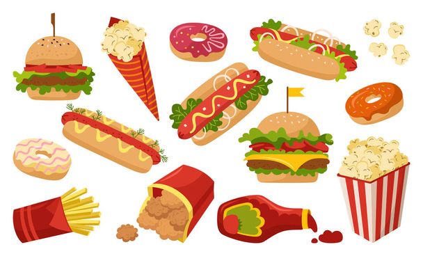 Fast food cartone animato set ciambella menu gustoso pranzo vettore - Vettoriali, immagini