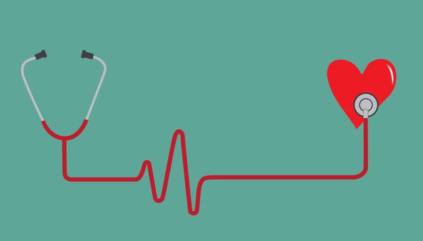 Estetoscópio e coração com um conceito de pulso de batimento cardíaco em fundo verde - Vetor, Imagem