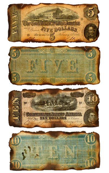 Viejos proyectos de ley confederados quemados de cinco y diez dólares
 - Foto, imagen