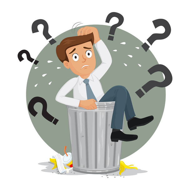 Empresario en cubo de basura está pensando con signos de interrogación - Vector, Imagen