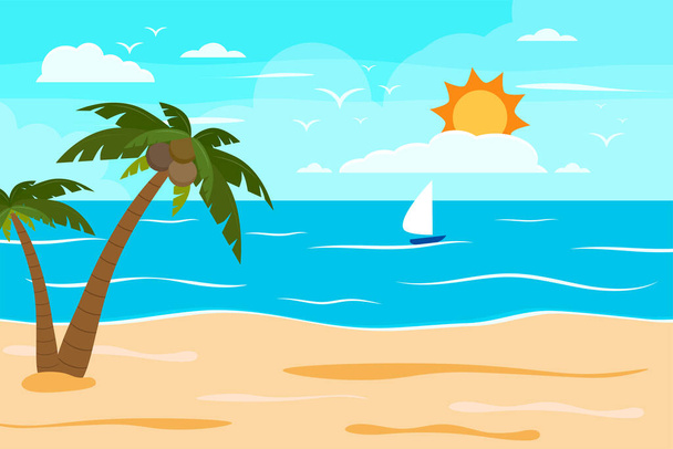 Rajzfilm nyári strand, tengerparti természetes nyaralás, trópusi strand, tengerparti táj háttér vektor illusztráció - Vektor, kép
