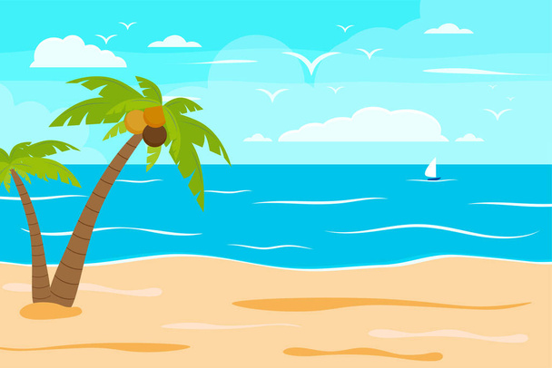 Çizgi film yaz plajı, deniz kenarı doğal tatil, tropik plaj, deniz manzarası arka plan çizimi - Vektör, Görsel