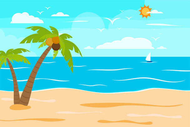 Playa de verano de dibujos animados, vacaciones naturales junto al mar, playa tropical, paisaje costero fondo vector ilustración - Vector, imagen