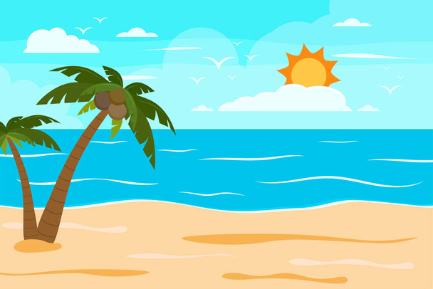 Playa de verano de dibujos animados, vacaciones naturales junto al mar, playa tropical, paisaje costero fondo vector ilustración - Vector, Imagen