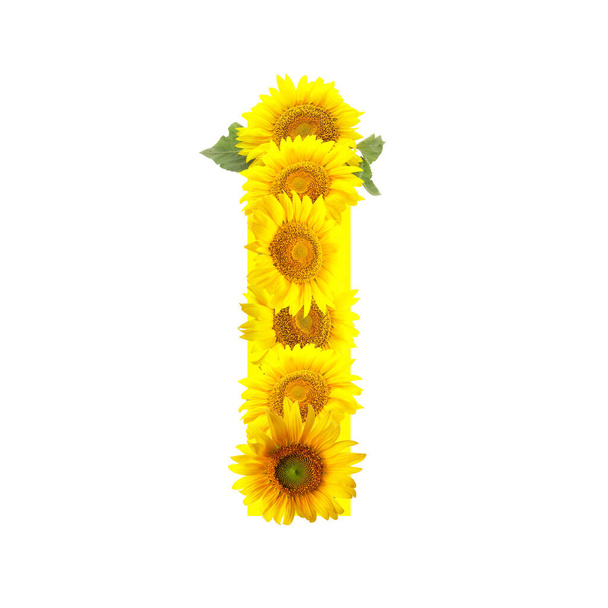 Buchstabe I aus schönen Sonnenblumen auf weißem Hintergrund - Foto, Bild