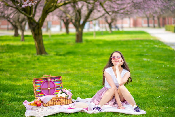 ピクニックの場所で桜の木の下でわら帽子の美しい女性。春の庭でピンクの長いスカートを身に着けている女の子 - 写真・画像