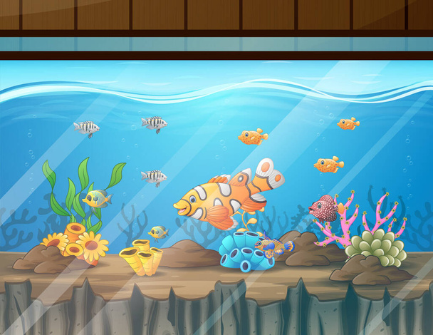 Illustration of the aquarium with fishes, algae and coral - Vector, Image