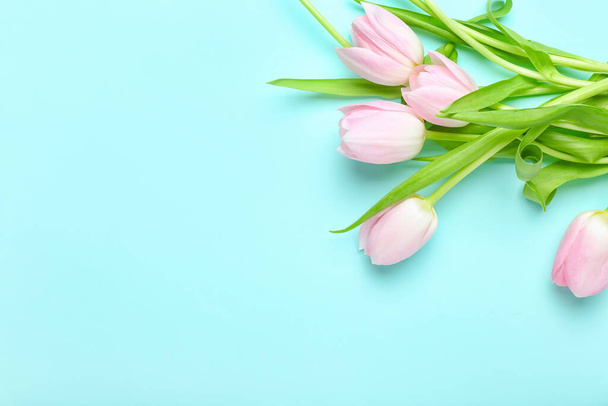 Mooie tulp bloemen op kleur achtergrond - Foto, afbeelding