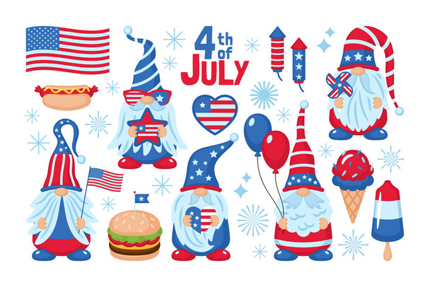 4th of july USA Independence day cute gnome character and elements set. Template for cards, stickers and party invitations.  - ベクター画像