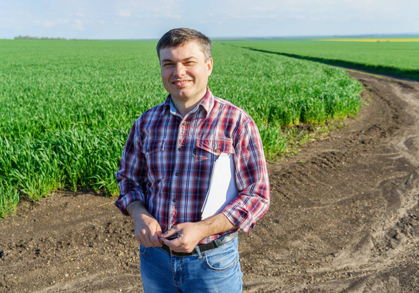 a man as a farmer poses in a field, dressed in a plaid shirt and jeans, checks reports and inspects young sprouts crops of wheat, barley or rye, or other cereals, a concept of agriculture and agronomy - Photo, Image