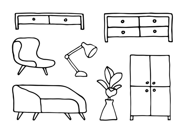 Doodle tyyli sisustus. Vaatekaappi, sohva, nojatuoli, huonekasvi, TV-teline, pöytävalaisin. Vektori EPS 10 - Vektori, kuva