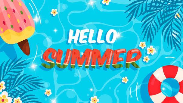 Bonjour fond de piscine d'été. Lettrage style pastèque. Illustration vectorielle  - Vecteur, image