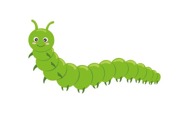 Симпатичный зеленый гусеничный персонаж выделен на белом фоне. Смешное насекомое для детей. Векторная иллюстрация - Вектор,изображение