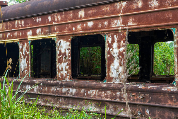 森の中に捨てられた錆びた電車の馬車 - 写真・画像