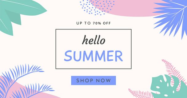 Trendy abstract horizontal banner template with tropical palm leafs and geometric elements. Modern colorful summer sale background design with place for text for web, internet ad. Flat colorful Vector - Wektor, obraz