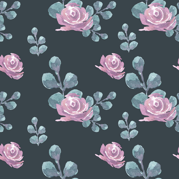 WATERCOLOR ILLUSTRATION SEAMLESS PATTERN,WATERCOLOR POWDER ROSES AND BLUE GRASS WITH OVAL LEAVES ON A GRAY BACKGROUND FOR CLASSIC WALLPAPER,FABRIC AND FURNITURE - Zdjęcie, obraz