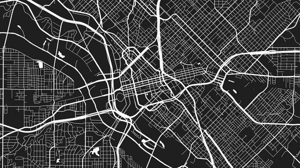 Blanc noir Dallas zone de la ville vecteur fond carte, rues et illustration de la cartographie de l'eau. Proportion d'écran large, plan de rue numérique plat. - Vecteur, image