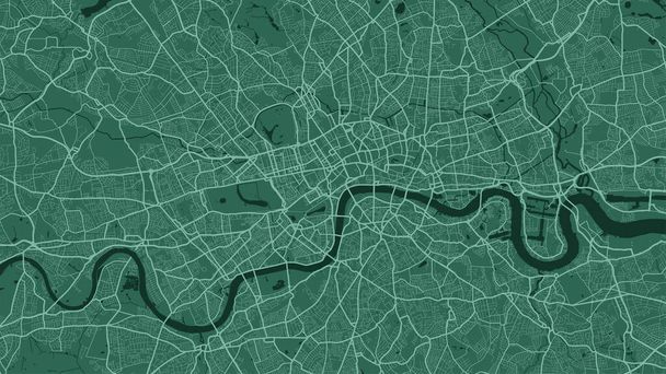 Green London mapa de fondo vector de área de la ciudad, calles y cartografía del agua ilustración. proporción de pantalla ancha, plano digital diseño streetmap. - Vector, Imagen