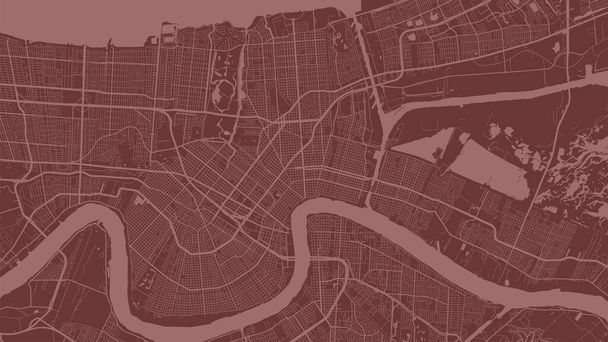 Red New Orleans şehri vektör arkaplan haritası, sokaklar ve su haritası çizimi. Geniş ekran oranı, dijital düz tasarım sokak haritası. - Vektör, Görsel