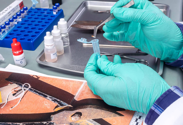 Un expert de la police extrait des traces de sang dans un écouvillon pour analyse au laboratoire scientifique - Photo, image