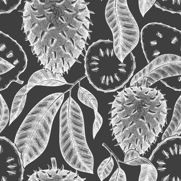Hand drawn sketch style soursop fruit seamless pattern. Organic fresh fruit vector illustration on chalk board. Retro guanabana background - Διάνυσμα, εικόνα