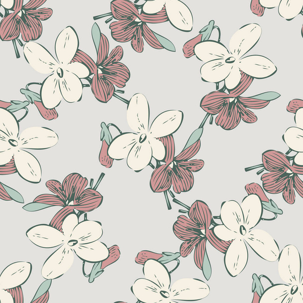 Drawing meadow bloom flowers. Cute floral seamless pattern. Nature abstract background vector wallpaper. Line art botanical illustration graphic design print. Trendy pastel grey, white, brown colors - Διάνυσμα, εικόνα