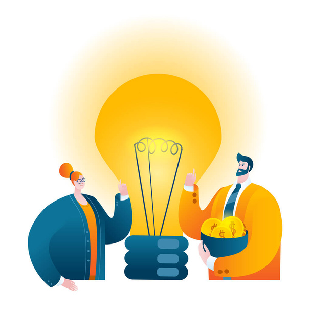 A man and a woman in business suits next to a large light bulb. - Vector, Image
