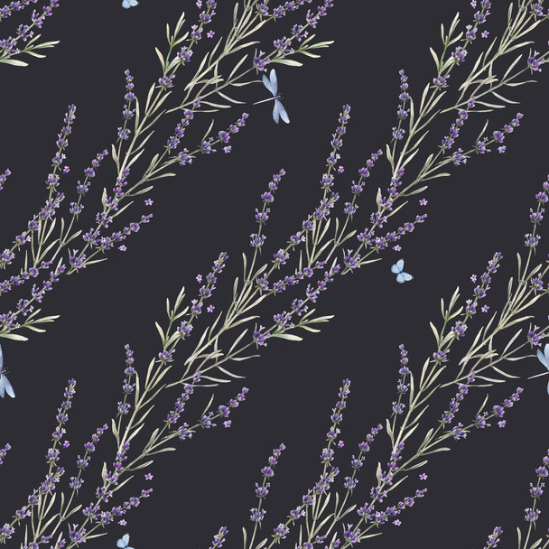Beautiful seamless floral provence pattern with watercolor hand drawn gentle lavander flowers. Stock illustration. - Φωτογραφία, εικόνα