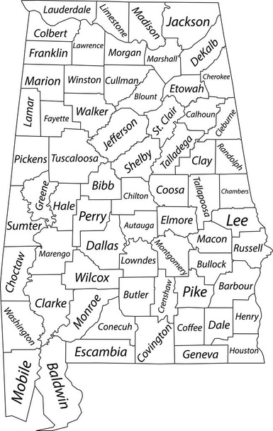 アラバマ州、その郡の黒い境界線と名前を持つ米国の白い空白のベクトルマップ - ベクター画像