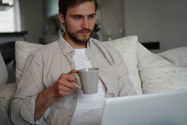 Man using laptop, sitting on couch at home, chatting or shopping in internet, freelancer working online - Foto, immagini