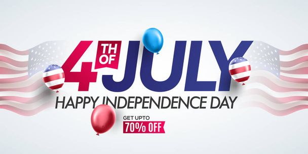 Realistic Independence day USA promotion banner template american balloons flag decor on waving american national flag background - Vector, Image