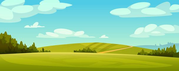 Panorama paesaggistico rurale, campi verdi, cielo blu - Vettoriali, immagini