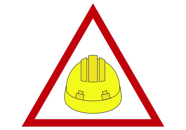 Señal de peligro de construcción con un casco de construcción amarillo en un triángulo blanco - Vector, Imagen